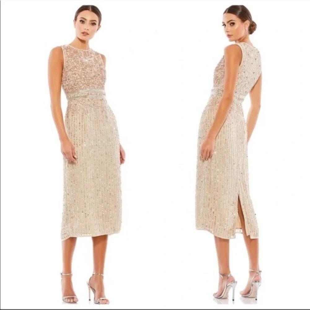 Mac Duggal 10509 Beaded Sequin Banded Sheath Midi Dress Nude Size 4 worn 1 time